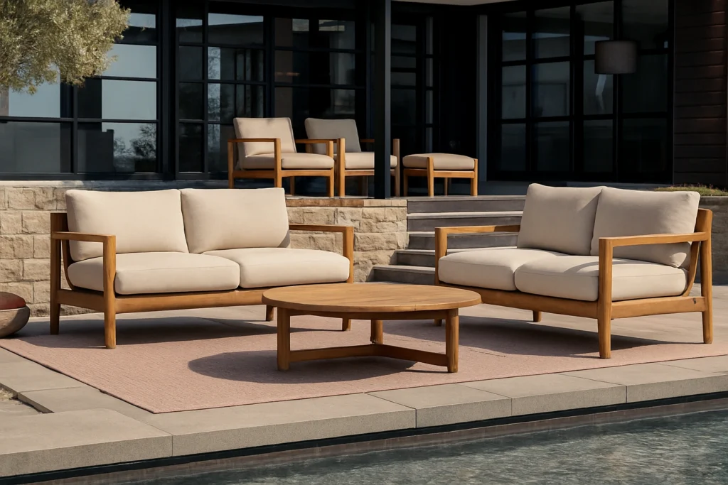 TEAK WOOD SOFA, SUSTAINABLE FURNITURE., PROJECT FURNITURE, HOME FURNITURE, PREMIUM PATIO FURNITE, AFFORDABLE PATIO FURNITURE, SOFA SET MALAYSIA OUTDOOR SOFA MALAYSIA