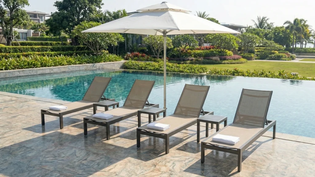 Commercial grade aluminum and mesh outdoor sun loungers lined up by a resort swimming pool