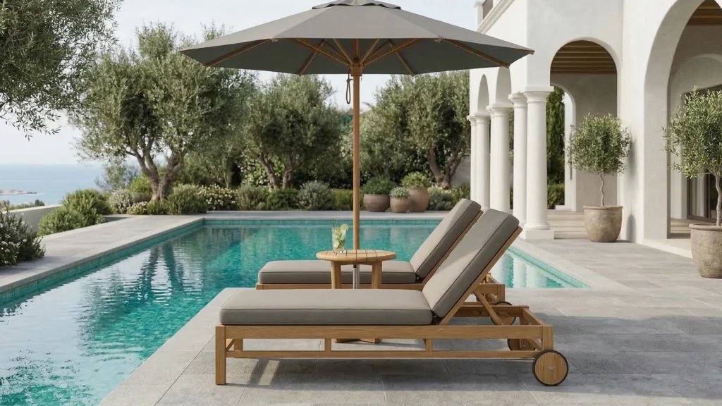 How to select restaurant furniture Luxury double teak sun lounger with cushions featuring a built-in slide-out tray for drinks and a modern twin teak sunbed with adjustable backrest design.