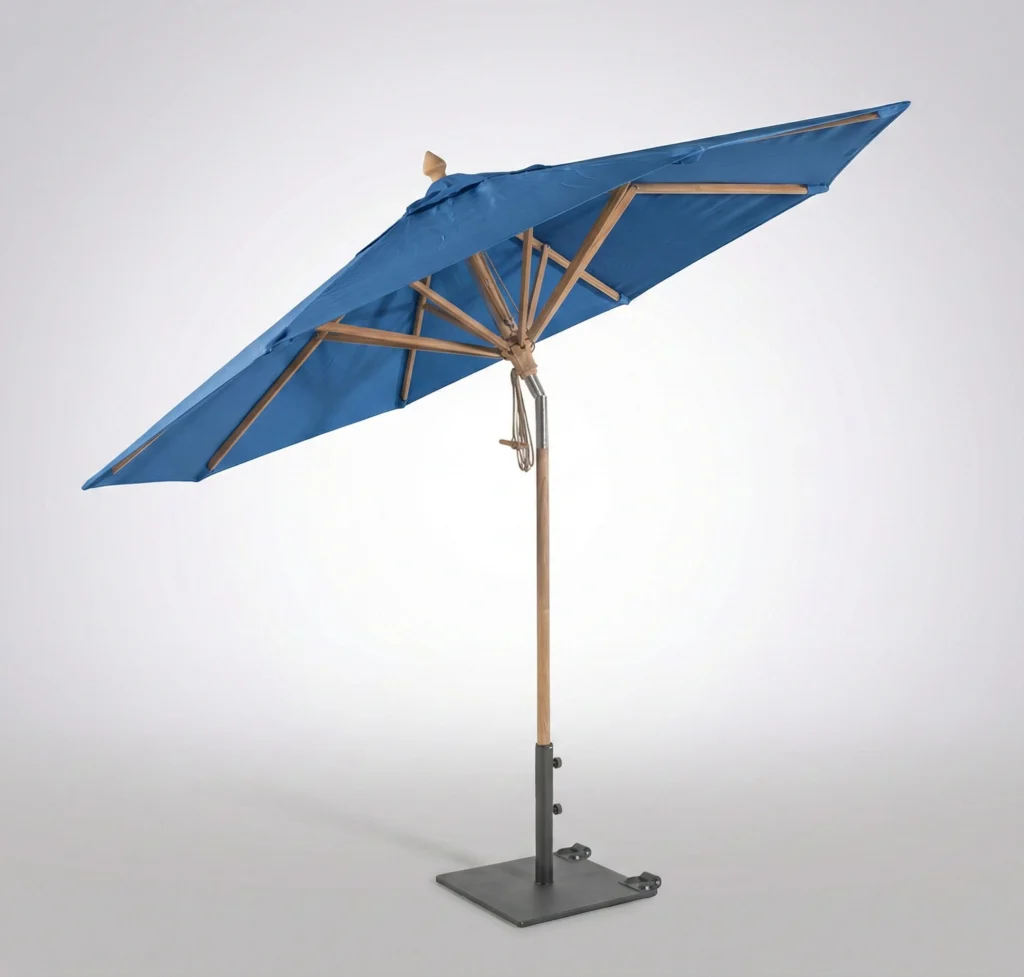 Blue parasol with wooden frame Tilt mechanism