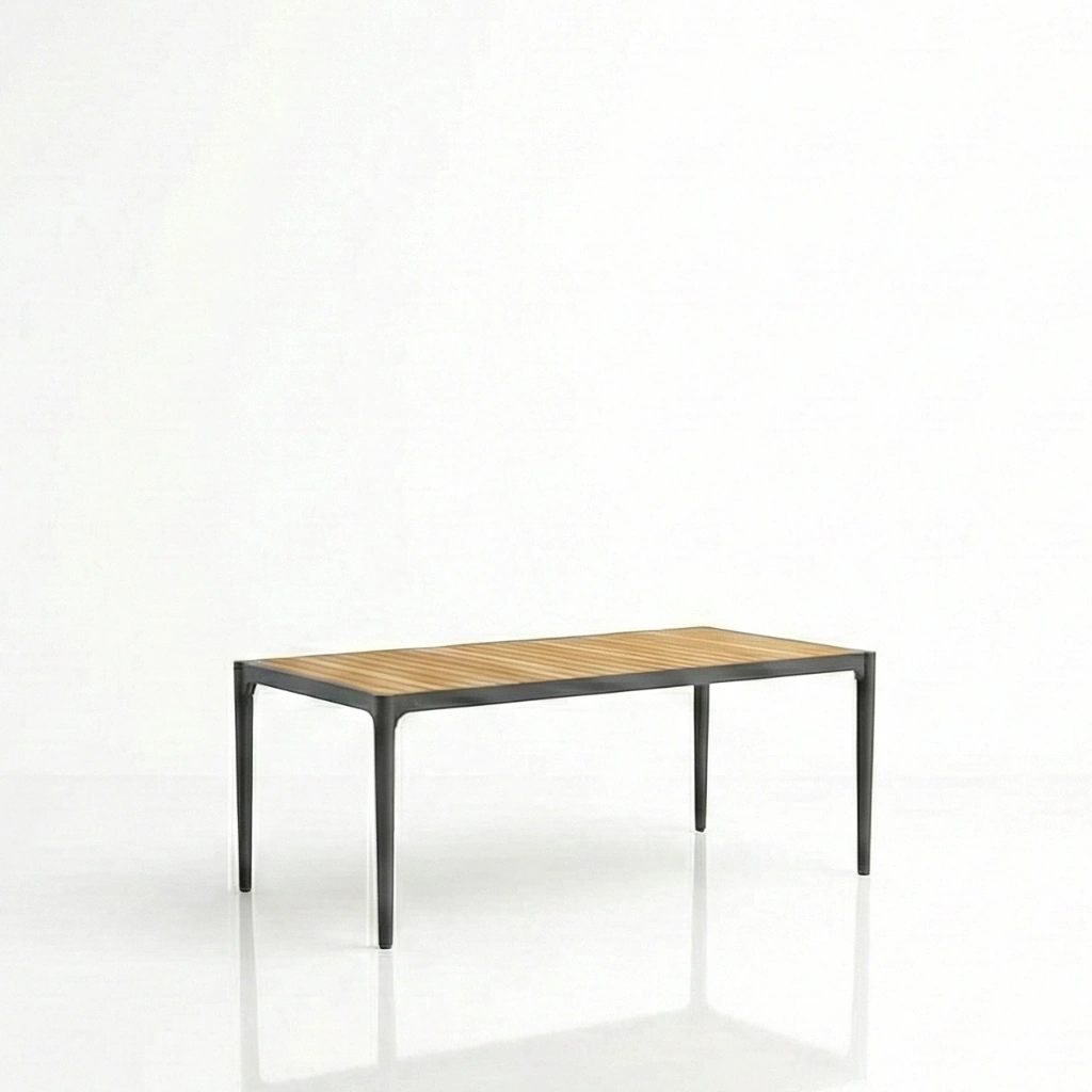 Modern rectangular outdoor dining table featuring a premium slatted teak wood top and a weather-resistant dark aluminum frame.