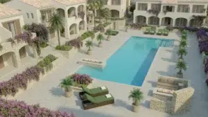 How to select restaurant furniture "Two Urban Maisons Westin sun loungers with dark brown woven bases and vibrant green cushions, positioned next to a luxury resort swimming pool."