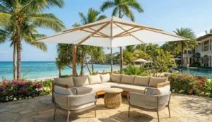 Canteliver parasol with a wood look frame
