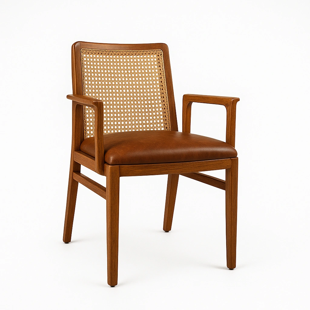 wooden dining chair with rattan backrest