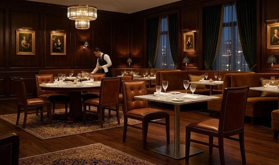 How to select restaurant furniture Classic cognac brown tufted seating and matching booths in a luxury fine dining steakhouse, provided by a premium restaurant leather chairs supplier Malaysia.