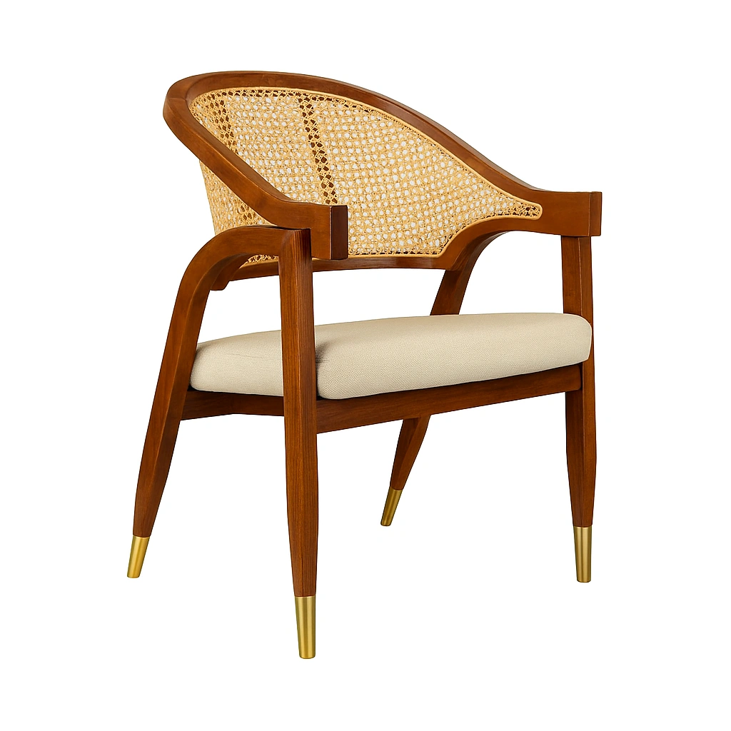 teak wood chair with a white cushion & rattan