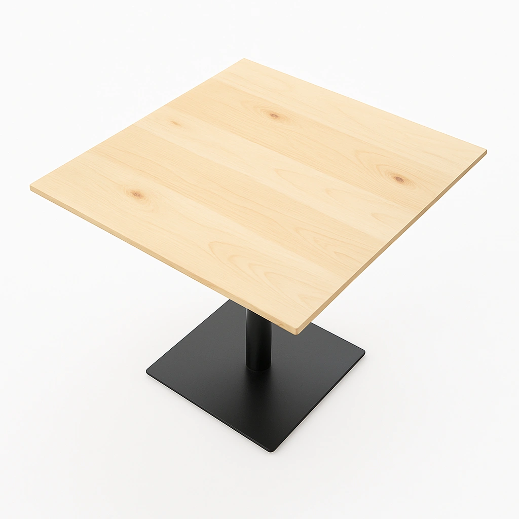a solid wood table with a black base