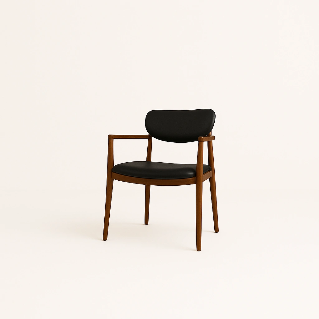 a black leather chair with wooden legs