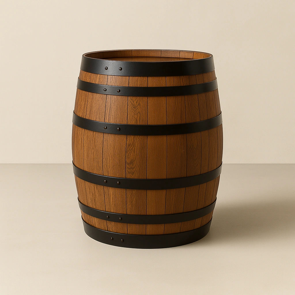a wooden barrel with black metal straps