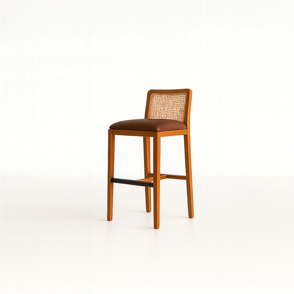 TEAK WOOD BAR CHAIR WITH LEATHER SEAT & RATTAN BACK