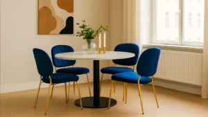 Elegant navy blue velvet restaurant chair with brass legs for commercial hospitality seating