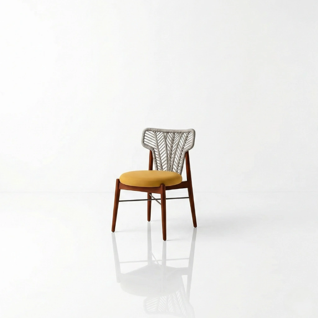 Modern outdoor dining chair with solid teak wood frame, woven rope backrest in chevron pattern, and round mustard yellow upholstered seat cushion, urban maisons