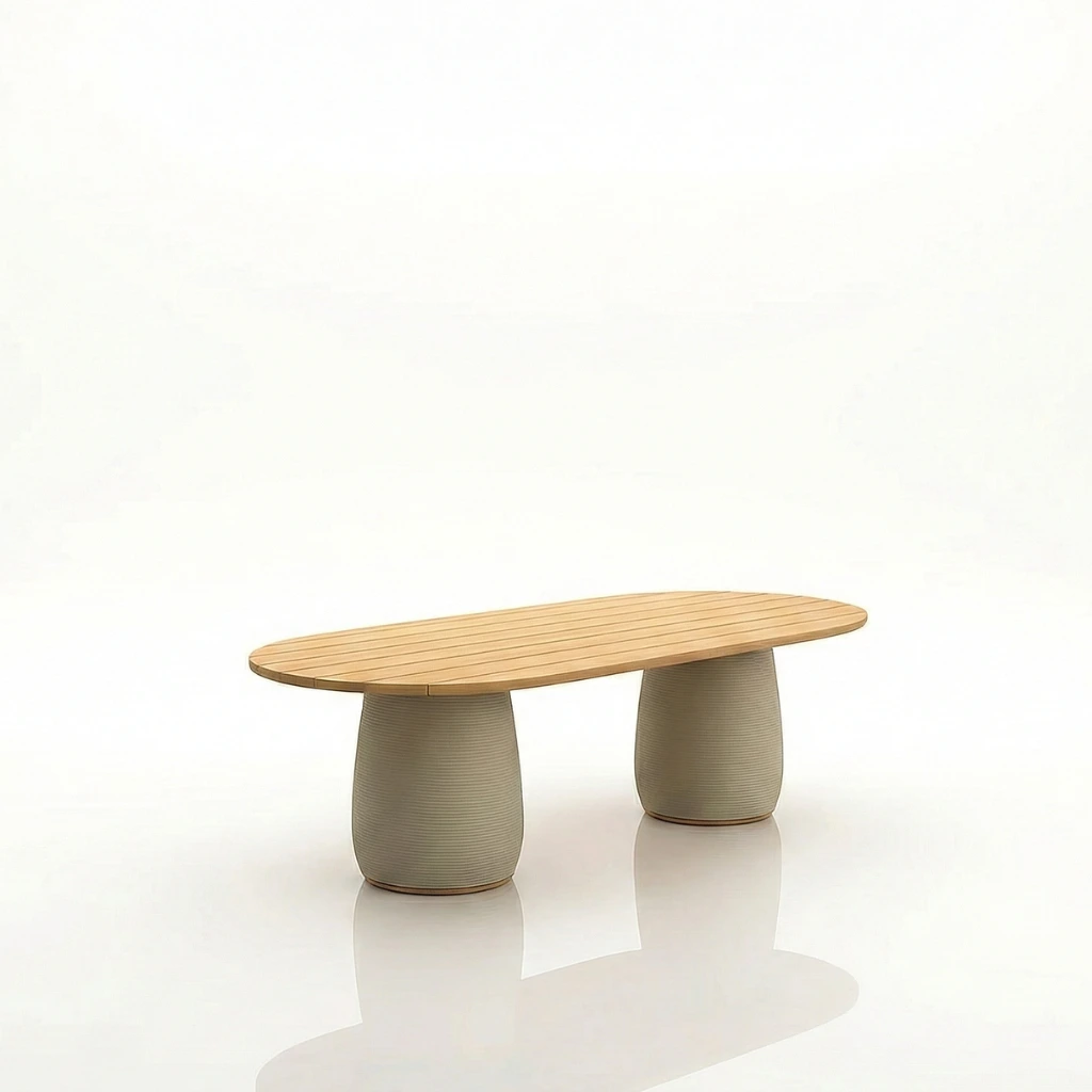 Oval teak outdoor dining table with rope base