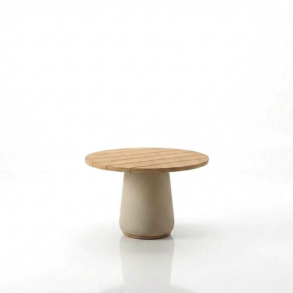 Round teak outdoor dining table with pedestal base