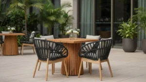 How to select restaurant furniture Sustainable Teak wood dining set with rope chair