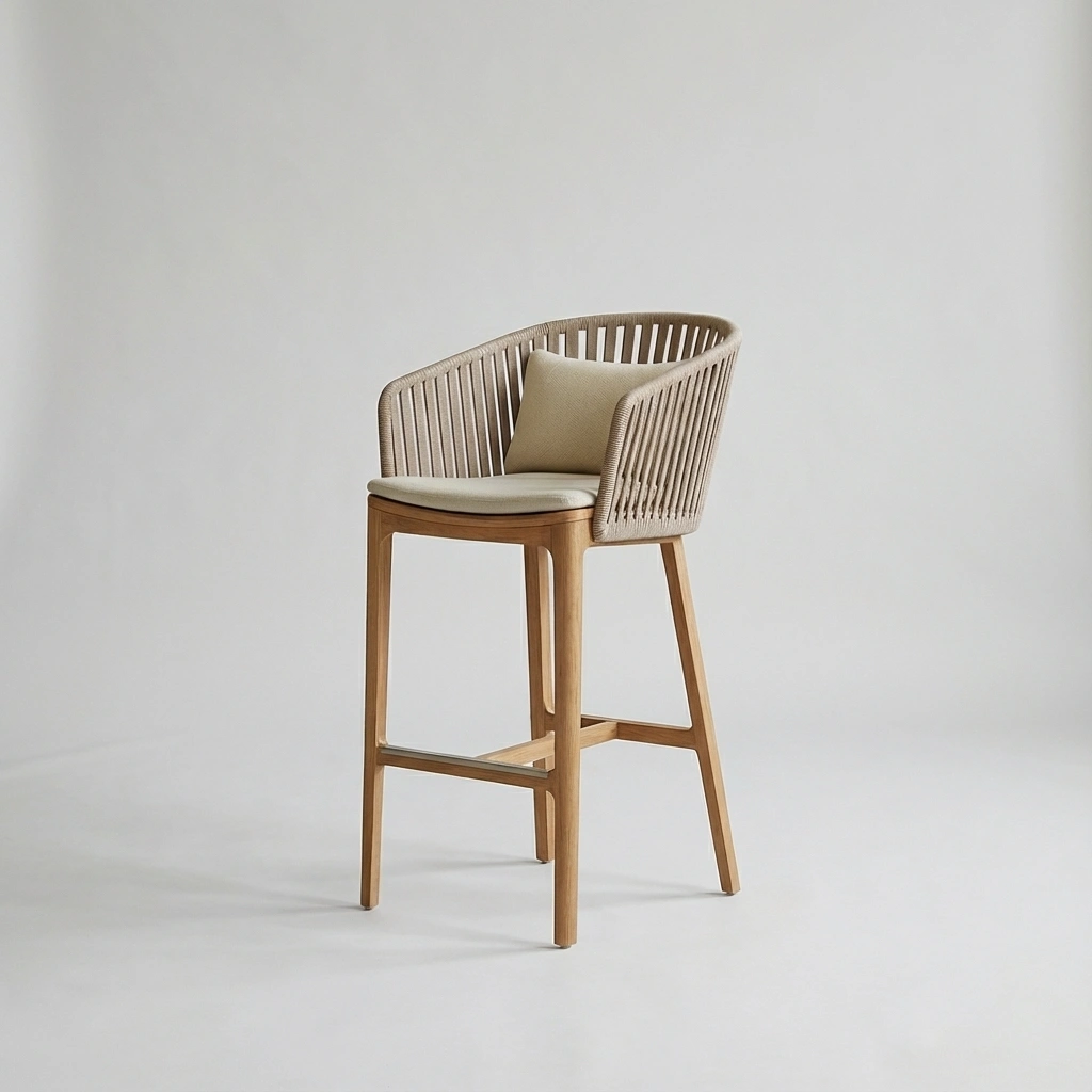 Outdoor dining chair in teak and rope back