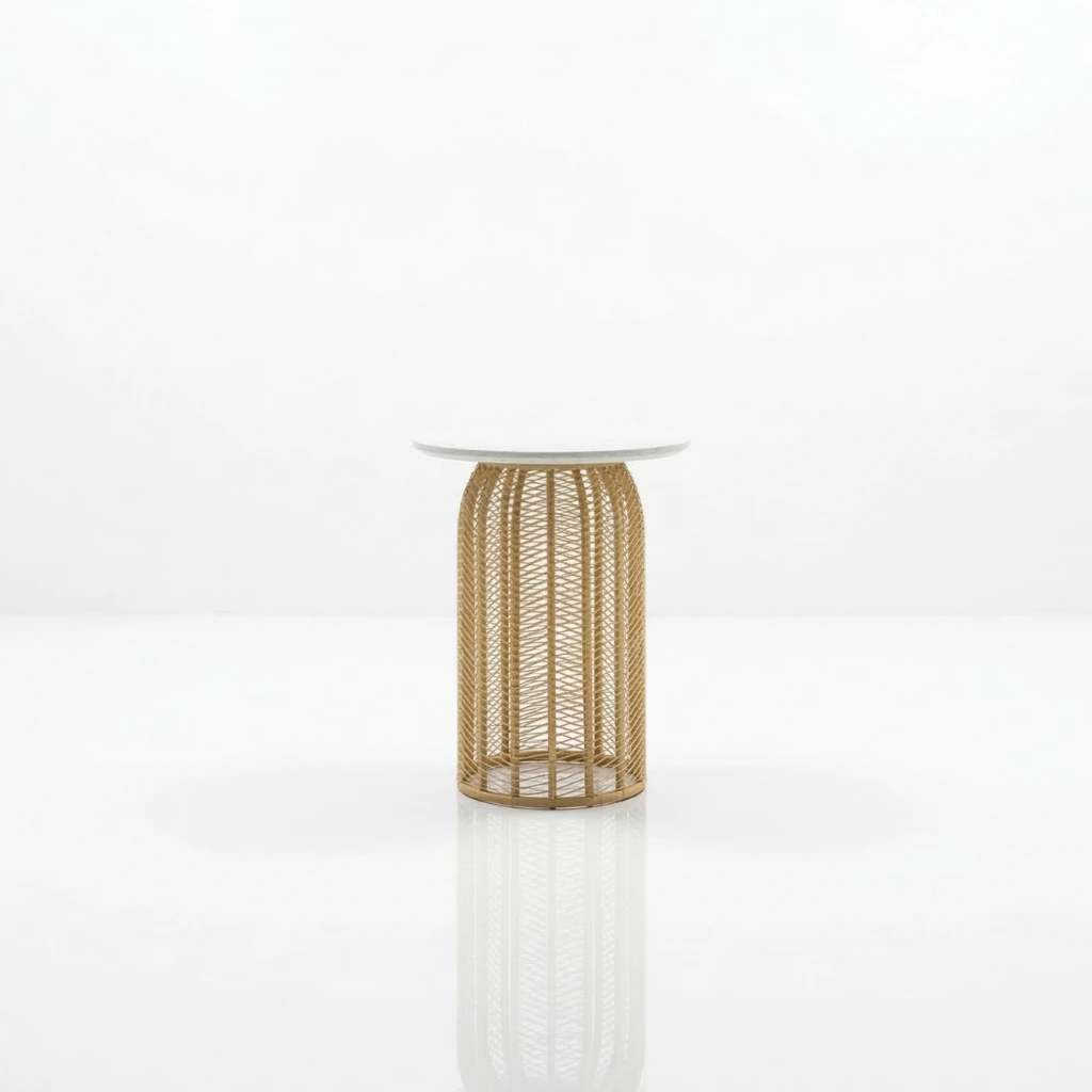 Kord bar table with woven rattan base and round white top