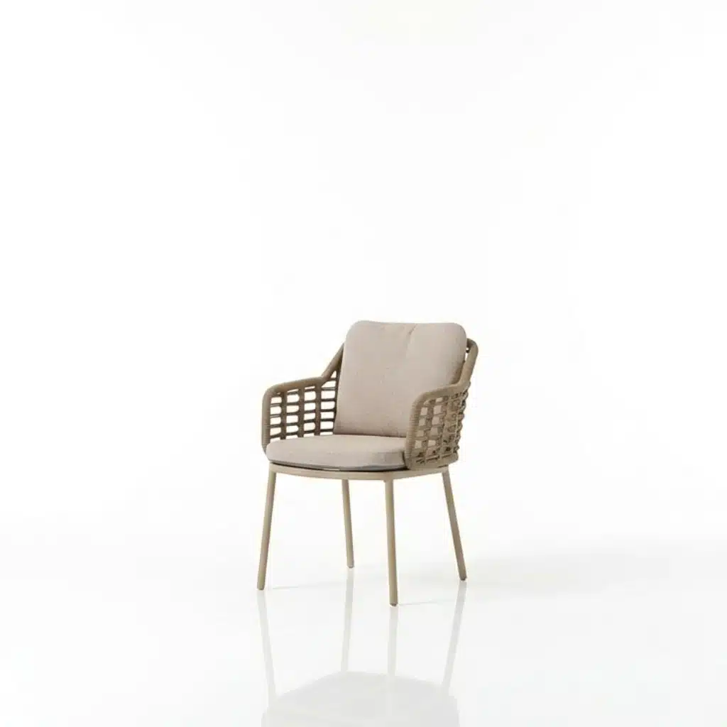 Modern outdoor dining chair with beige woven rope armrests, slim powder-coated metal legs. hotel dining chair supplier malaysia
