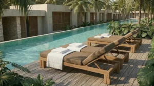 How to select restaurant furniture Lounge chairs by a serene pool