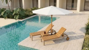 How to select restaurant furniture Commercial grade outdoor pool furniture set featuring two heavy-duty teak and metal sun loungers with rear wheels for easy mobility. Arranged on a luxury hotel pool deck with a square wooden side table and a large white resort umbrella, demonstrating a premium 5-star hospitality setup.