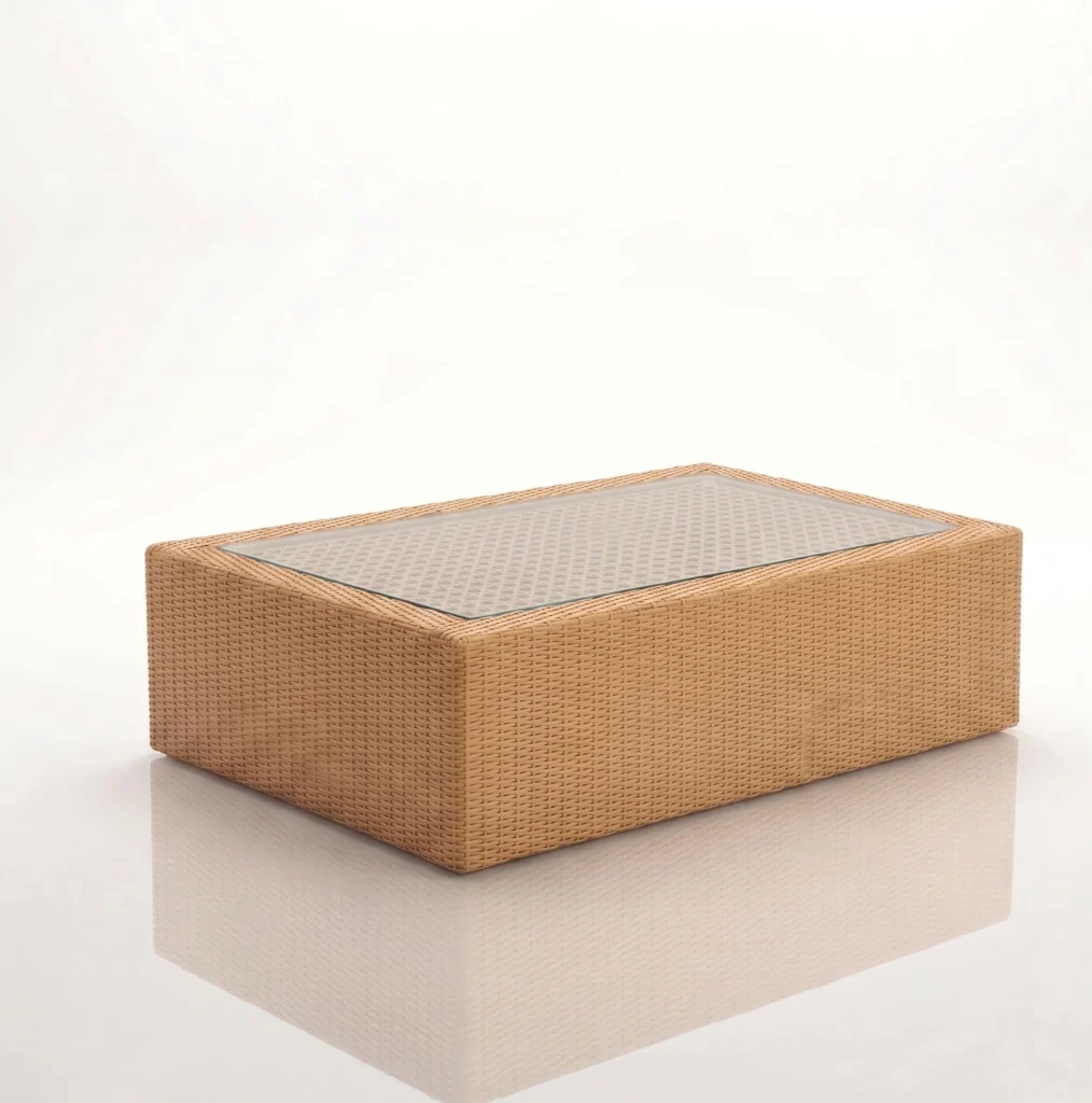 Rectangular woven coffee table with glass