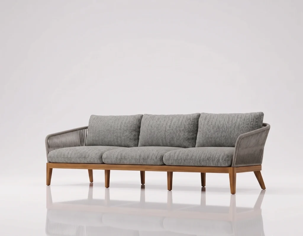 Teak and rope 3 seater outdoor sofa