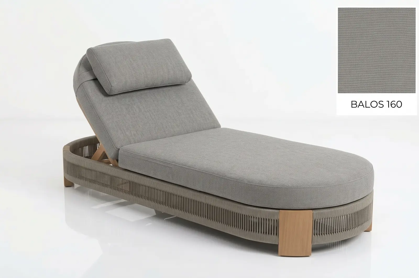 Buy Sunproof outdoor fabric in Malaysia: sun lounger with teak and rope frame upholstered in Sunproof Nova Balos 160 grey acrylic outdoor fabric