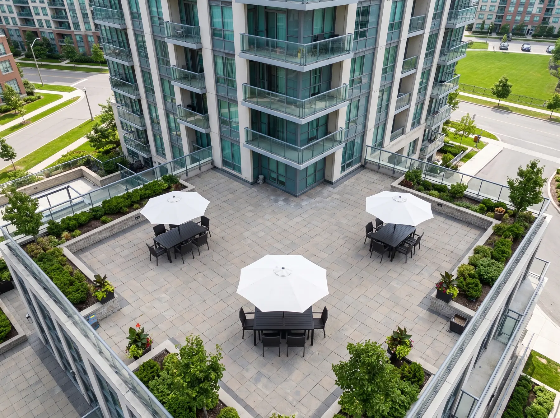 Heavy duty umbrellas on a condominium rooftop terrace in Malaysia